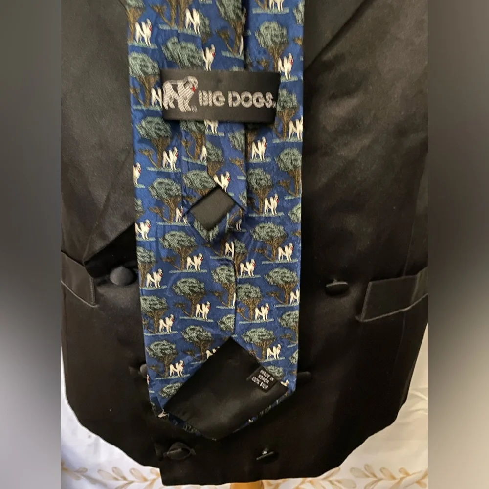 Vtg BIG DOGS Men's All Over Print 100% Silk Neck Tie 90s Blue Trees Korea